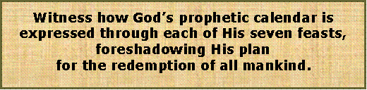 Text Box: Witness how God�s prophetic calendar is expressed through each of His seven feasts, foreshadowing His plan for the redemption of all mankind.